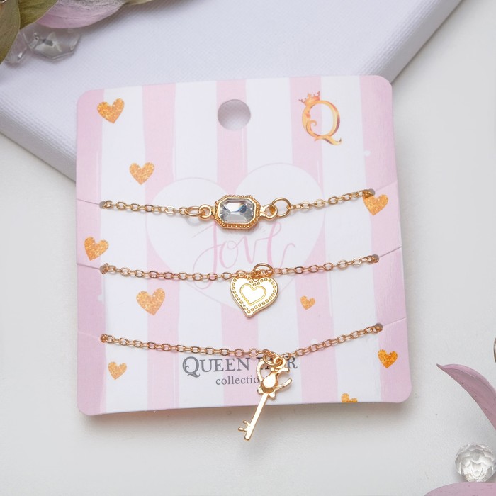 Браслет со стразами "Мульти" ключик и сердце, (набор 3 штуки), цвет белый в золоте