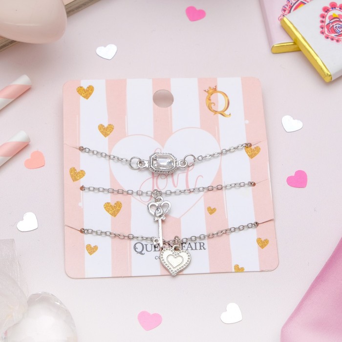 Браслет со стразами "Мульти" ключик и сердце, (набор 3 штуки), цвет белый в серебре