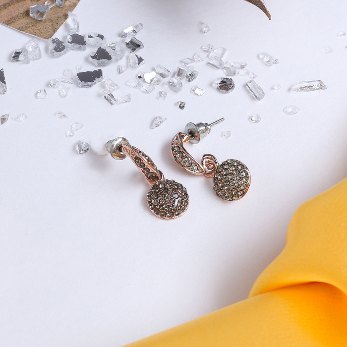 Серьги со стразами "Круг" изящество, малый, цвет серый в розовом золоте