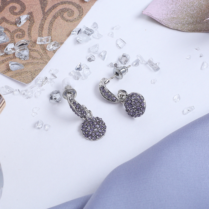 Серьги со стразами "Круг" изящество, малый, цвет сиреневый в серебре