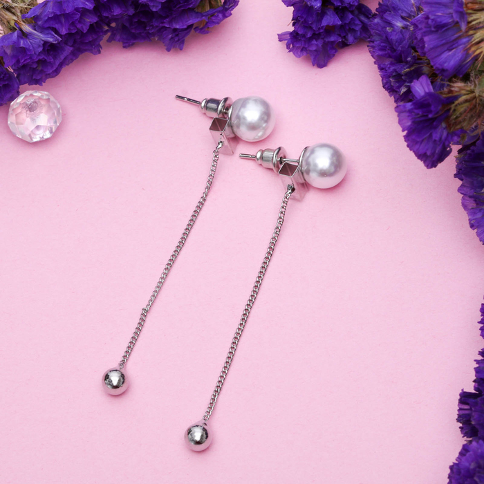 Серьги с жемчугом "Бусины" на цепочке, цвет белый в серебре