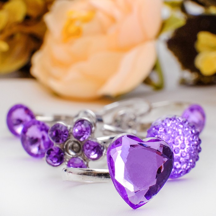 Кольца детские "Ассорти" романтика, цвет бело-фиолетовый в серебре, фас 36 шт