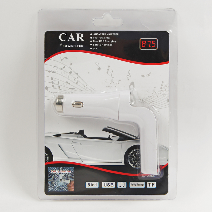 FM - трансмиттер, 12 В, 2 USB/Mp3/WMA/MicroSD, белый