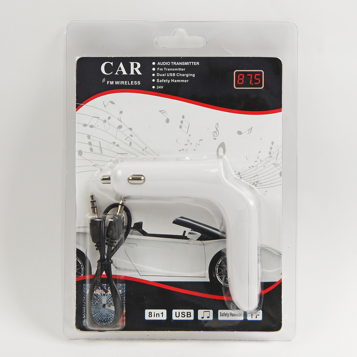 FM - трансмиттер, 12 В, USB/Mp3/WMA/AUX/MicroSD, белый