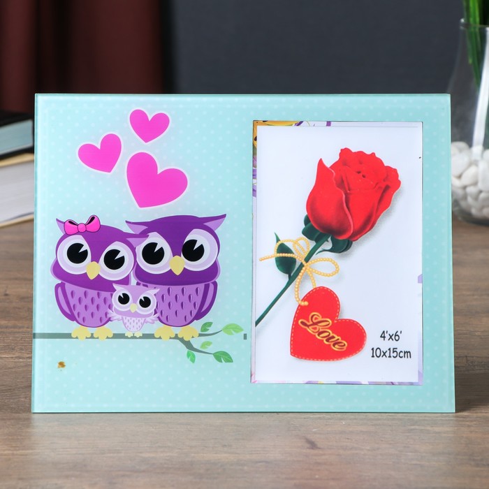 Фоторамка стекло 10х15 см "Семейство сов на ветке" 17х22 см