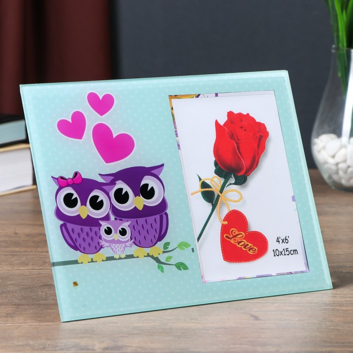 Фоторамка стекло 10х15 см "Семейство сов на ветке" 17х22 см