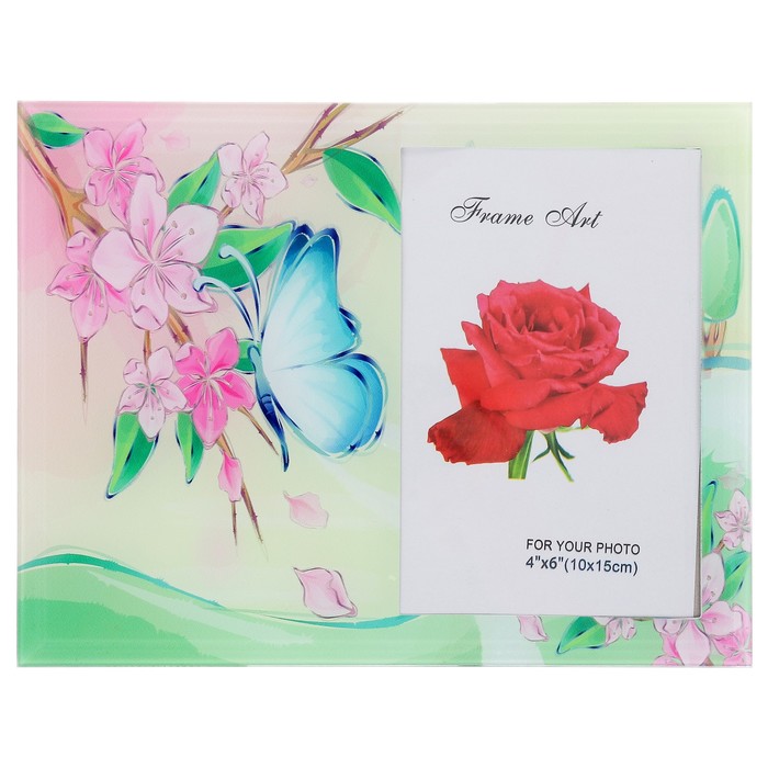 Фоторамка стекло 10х15 см "Бабочка на цветах - акварель" 17х22 см