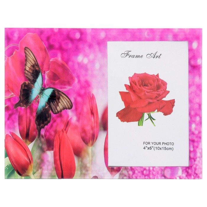 Фоторамка стекло 10х15 см "Бабочка в тюльпанах" 17х22 см
