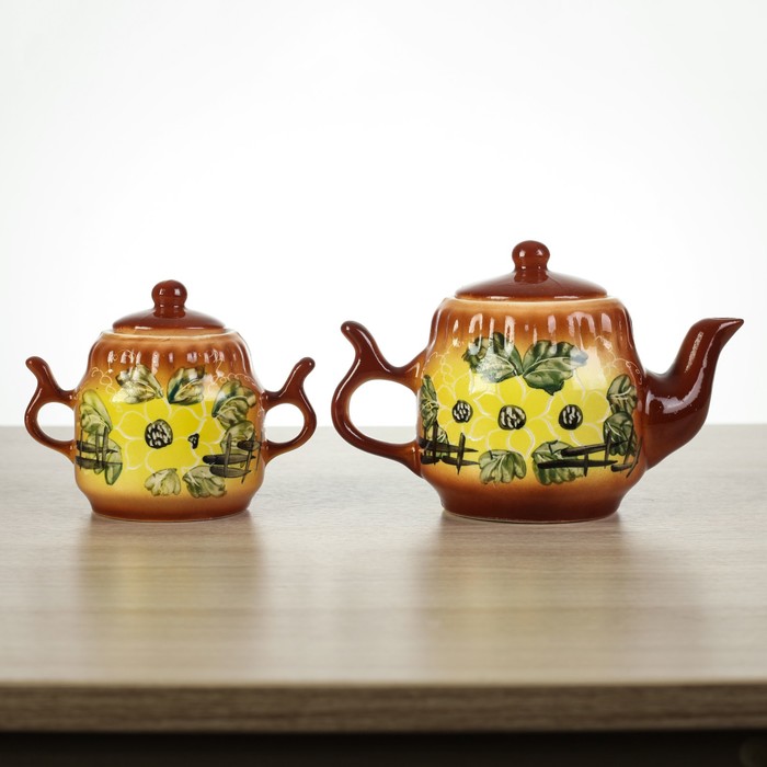 Чайник и сахарница "Коричневый с подсолнухом", чайник 0,75 л, сахарница 0,37 л