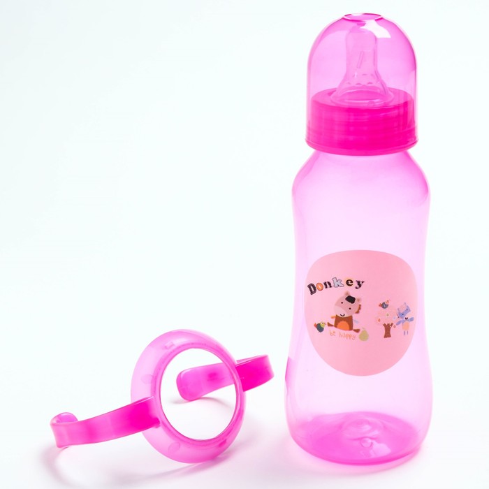 Бутылочка для кормления цветная с ручками, 250 мл, цвет розовый, рисунок МИКС