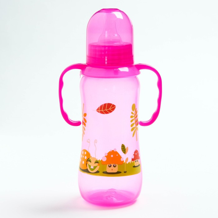Бутылочка для кормления цветная с ручками, 250 мл, цвет розовый, рисунок МИКС