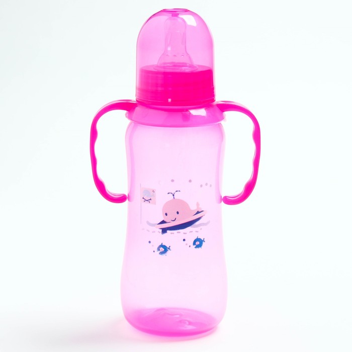 Бутылочка для кормления цветная с ручками, 250 мл, цвет розовый, рисунок МИКС