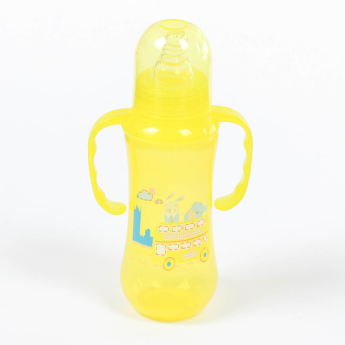Бутылочка для кормления цветная с ручками, 250 мл, цвет жёлтый, рисунок МИКС