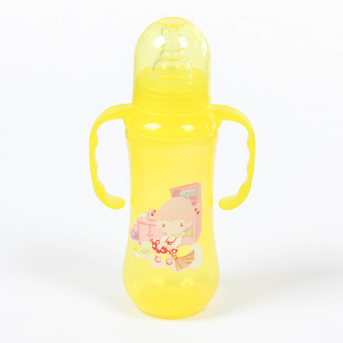 Бутылочка для кормления цветная с ручками, 250 мл, цвет жёлтый, рисунок МИКС