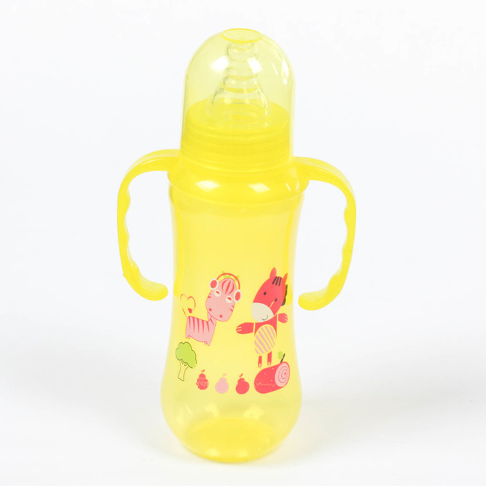 Бутылочка для кормления цветная с ручками, 250 мл, цвет жёлтый, рисунок МИКС