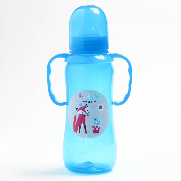 Бутылочка для кормления цветная с ручками, 250 мл, цвет голубой, рисунок МИКС