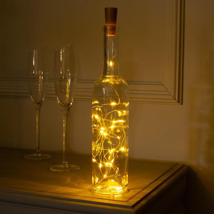 НИТЬ, 2 м. "Роса" "Бутылочная пробка" LED-20-4.5V, (LR44 3 шт в комплекте), ЖЕЛТЫЙ