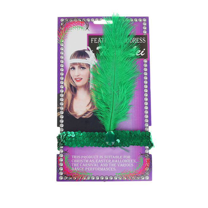 Повязка на голову с пером, цвет зеленый