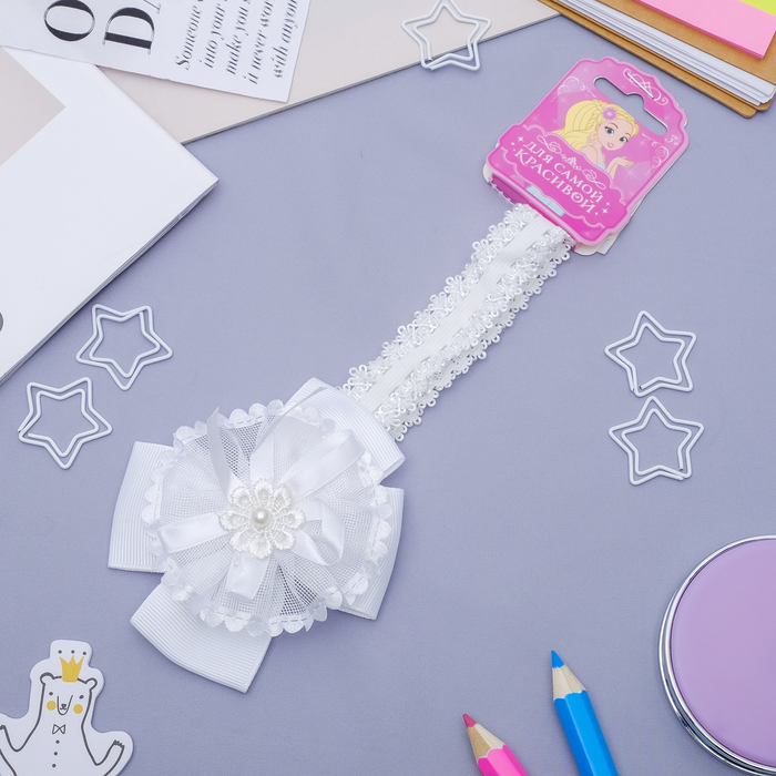 Повязка для волос "Модница" белая, бант и цветок