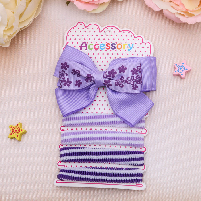 Набор для волос "Малютка" сиреневый (4 резинки, 1 зажим) бант со цветами