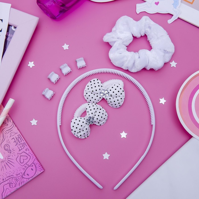 Набор для волос "Феечка" (1 ободок,3 резинки,4 краба) бантик точка, белый