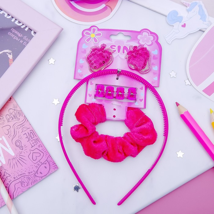 Набор для волос "Феечка" (1 ободок,3 резинки,4 краба) клубнички, малиновый