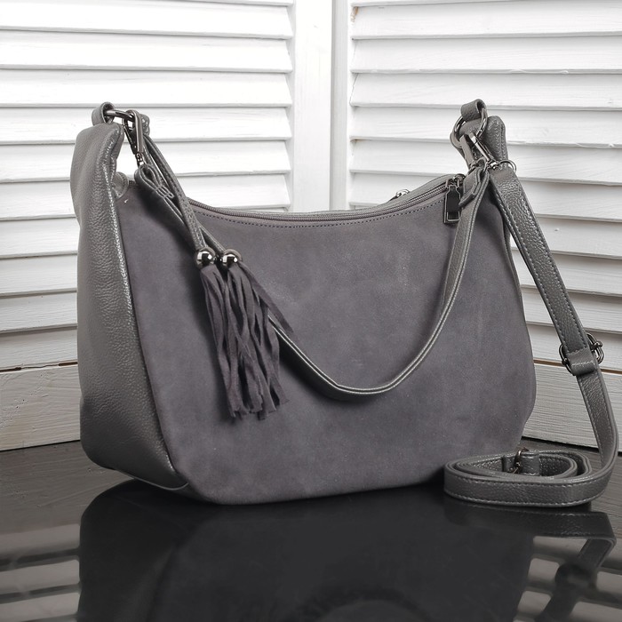 Сумка женская на молнии, 2 отдела, наружный карман, длинный ремень, цвет серый