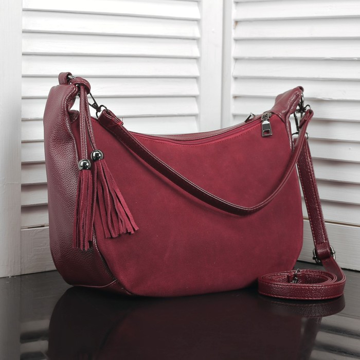 Сумка женская на молнии, 2 отдела, наружный карман, длинный ремень, цвет бордовый