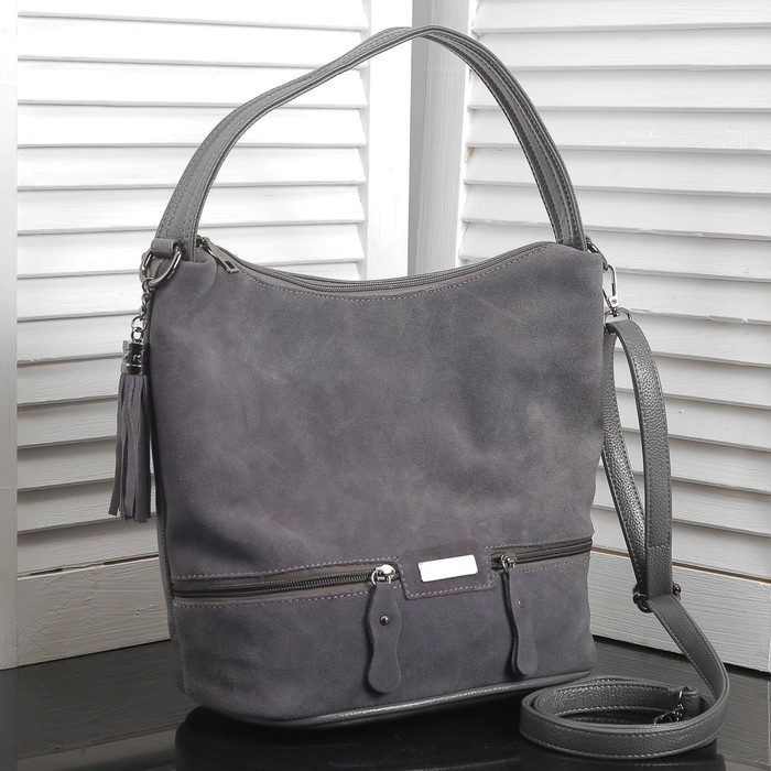 Сумка женская на молнии, 1 отдел, 3 наружных кармана, длинный ремень, цвет серый