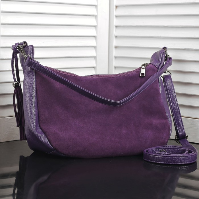 Сумка женская на молнии, 2 отдела, наружный карман, длинный ремень, цвет фиолетовый