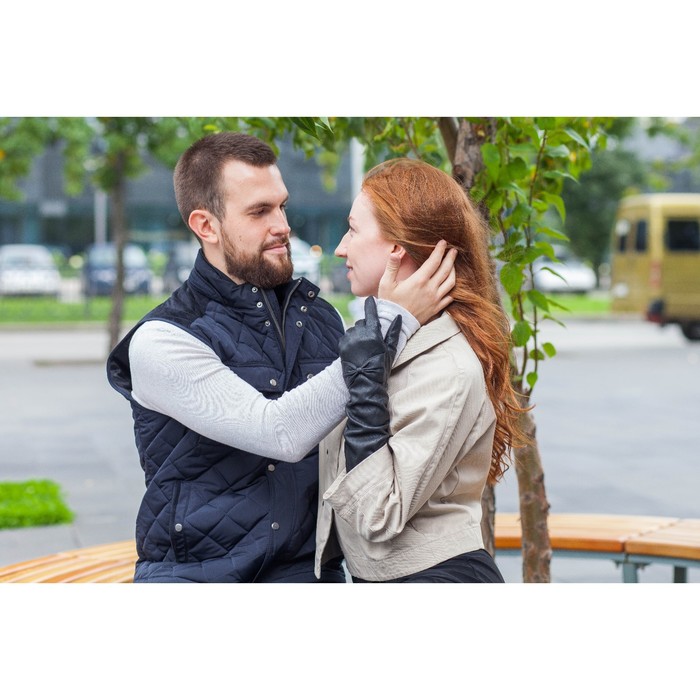 Перчатки женские, подклад шерсть, гладкие, бант, размер 8.5, цвет чёрный