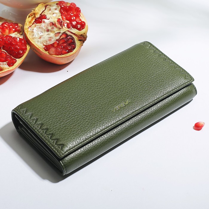 Кошелёк женский, 3 отдела, 2 отдела на рамке, для карт, монет, наружный карман, цвет зелёный