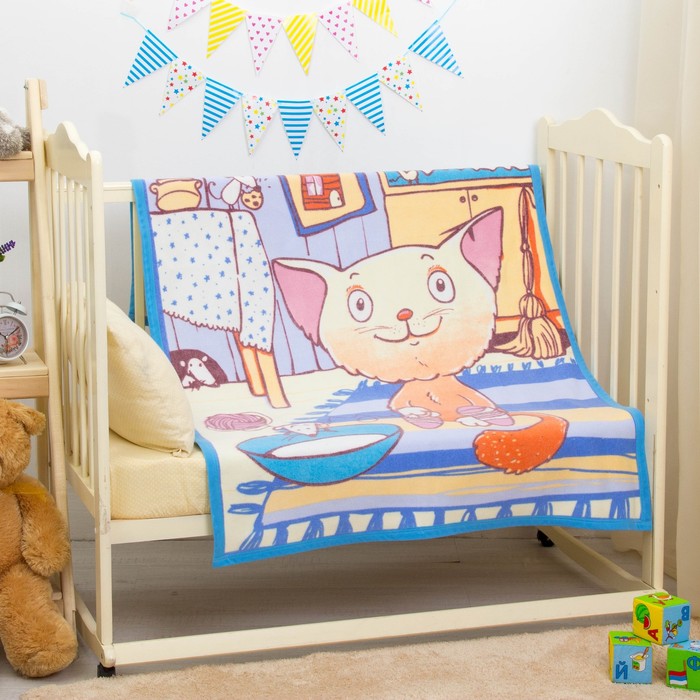 Одеяло байковое "Кот на кухне", размер 100х140 см, цвет голубой, хл100% 390 г/м D311511
