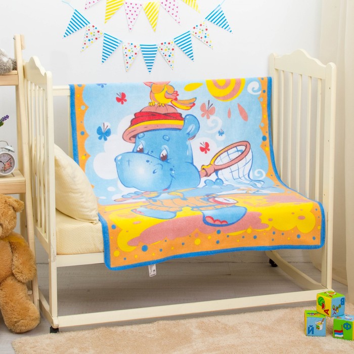 Одеяло байковое "Бегемот и попугай", размер 100х140 см, цвет голубой, хл100% 390 г/м D311511   27564