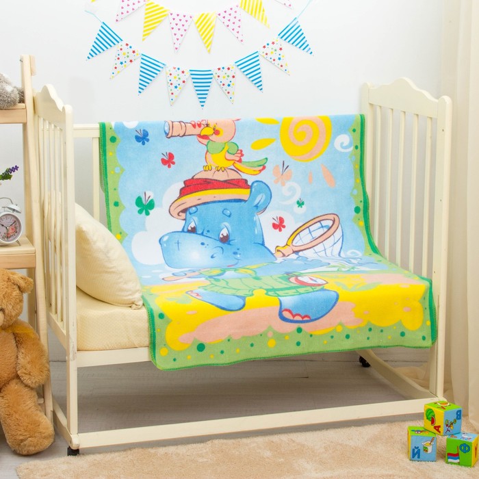 Одеяло байковое "Бегемот и попугай", размер 100х140 см, цвет салатовый, хл100% 390 г/м D3115   27564