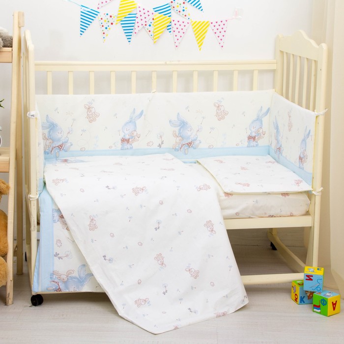 Комплект в кроватку "Зайчки", 6 предметов, цвет голубой, хл100% 125 г/м H813-01