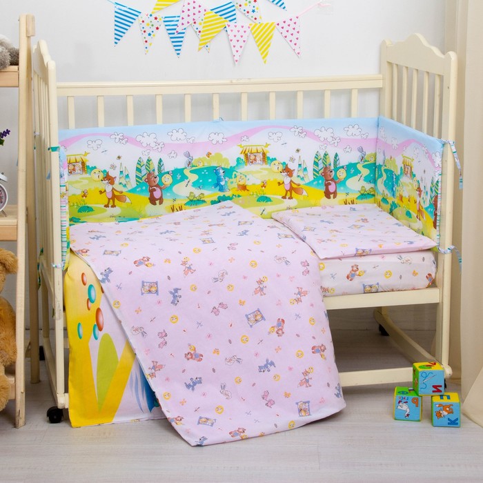 Комплект в кроватку "Колобок", 6 предметов, цвет розовый, хл100% 125 г/м H713-2