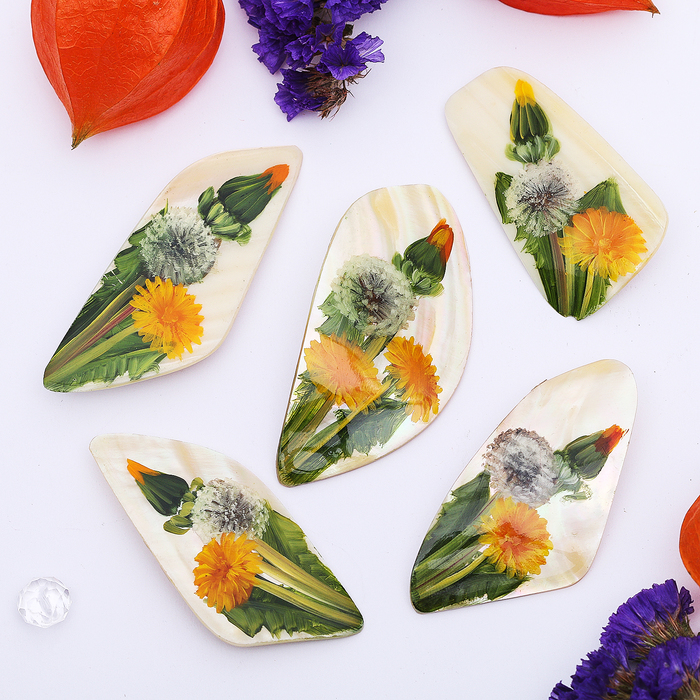 Брошь ручная работа "Перламутр" одуванчики