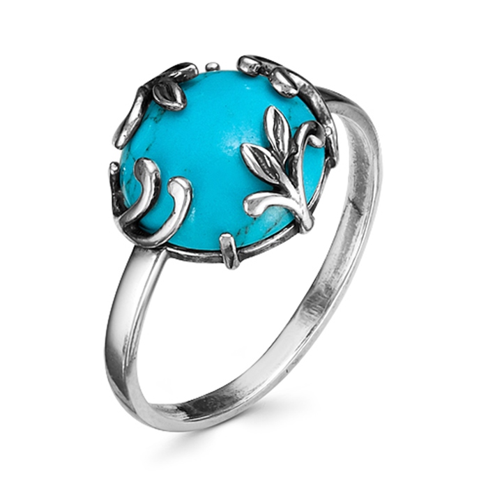 Кольцо круг в листочках "Бирюза", посеребрение с оксидированием, 19.5 размер