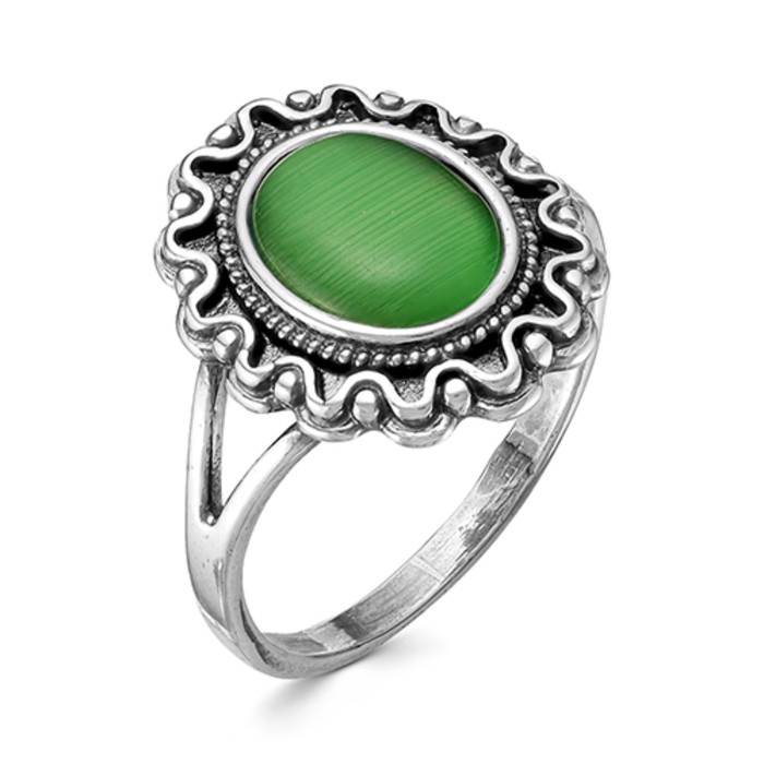 Кольцо "Кошачий глаз" овал с зигзагом, цвет зелёный, посеребрение с оксидированием, 16.5 размер