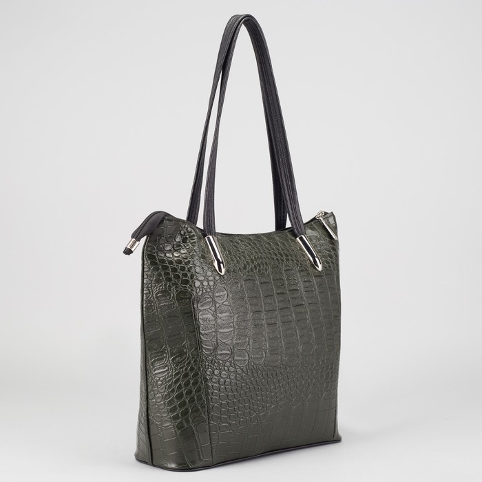 Сумка женская на молнии, 1 отдел, наружный карман, крокодил, цвет тёмно-зелёный