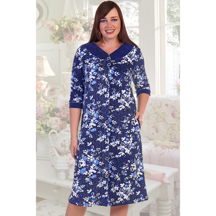 Халат женский на пуговицах Людмила цвет синий, р-р 52