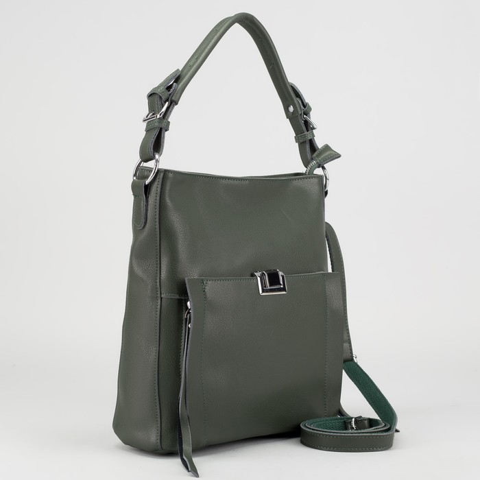 Сумка женская на молнии, 1 отдел с перегородкой, 4 наружных кармана, длинный ремень, цвет зелёный