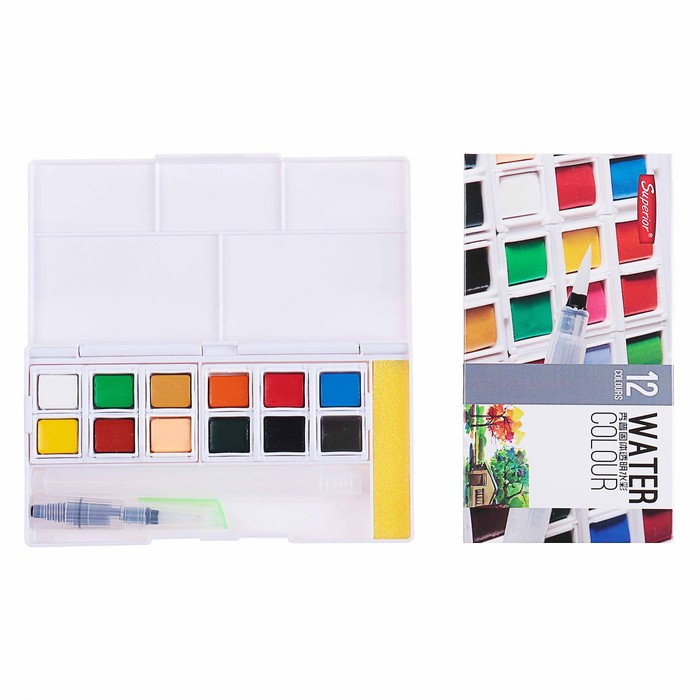 Краски акварельные 12цв в кюветах в пластиковой коробке с палитрой с кистью