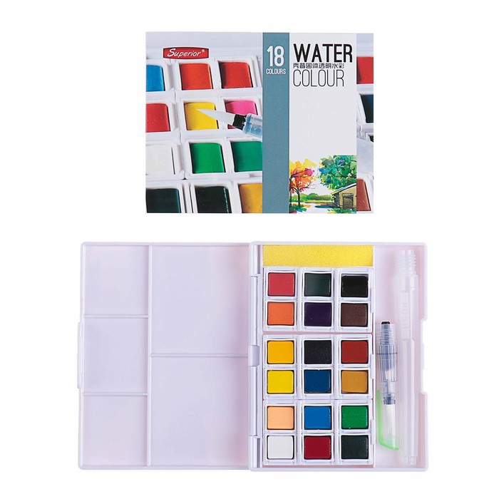 Краски акварельные 18цв в кюветах в пластиковой коробке с палитрой с кистью