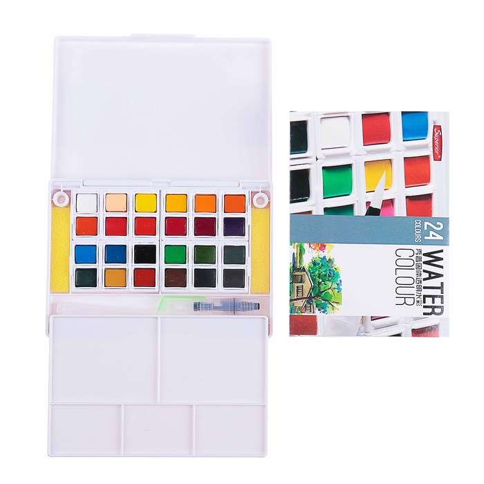 Краски акварельные 24цв в кюветах в пластиковой коробке с палитрой с кистью