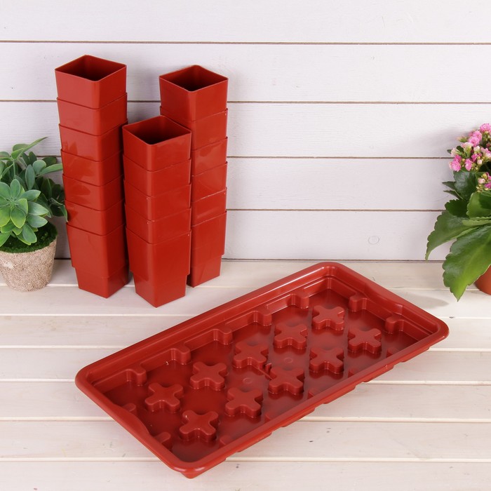 Набор для рассады: стаканы - 18 шт. по 320 мл, поддон 43 х 23 см, терракотовый