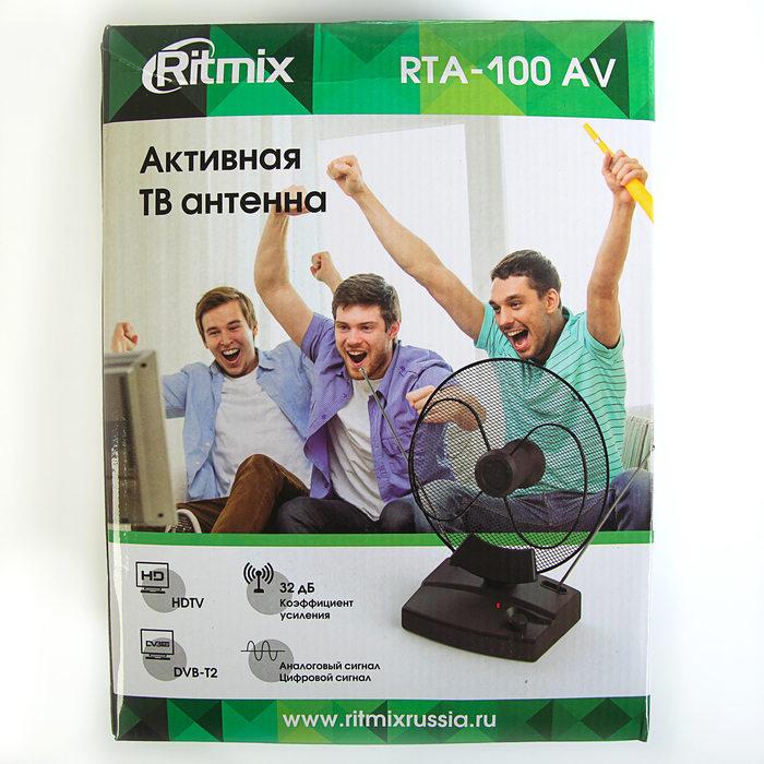 Антенна RITMIX RTA-100 AV, комнатная, активная, 32 дБ, DVB-T, DVB-T2, аналог