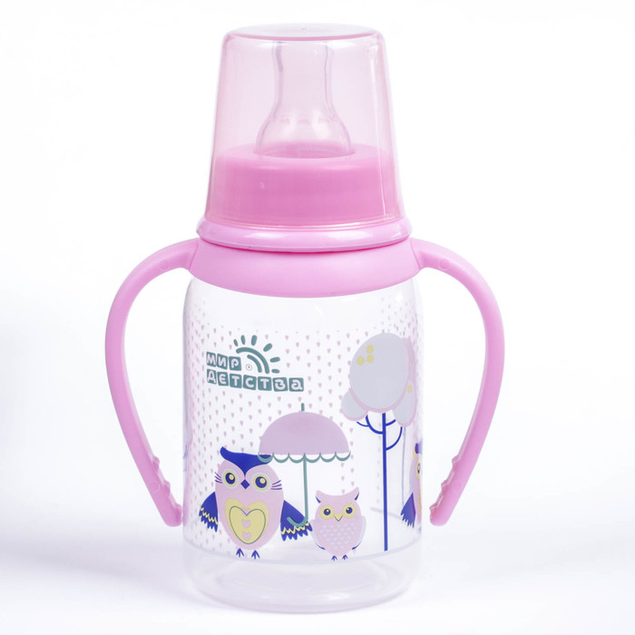 Бутылочка для кормления с ручками «Совы», 125 мл, от 6 мес., цвета МИКС