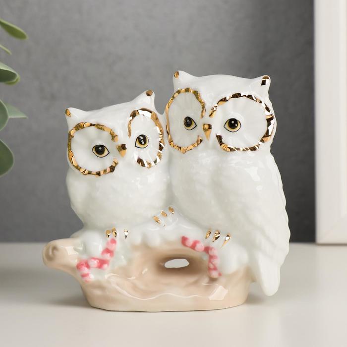 Сувенир керамика "Две совушки на ветке" золотые глаза 8,5х8,5х4 см